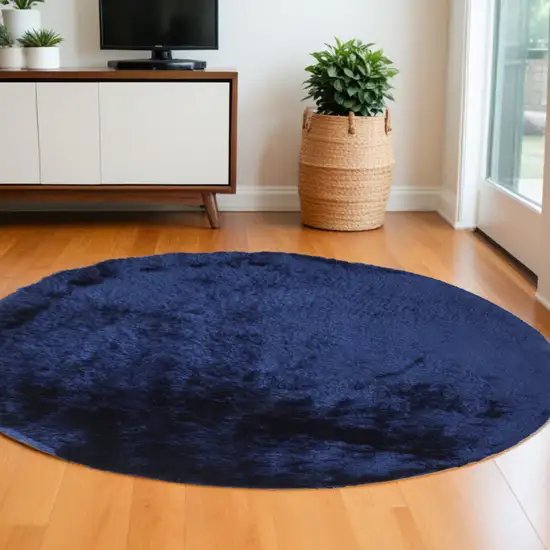 8' Blue and Black Shag Hand Tufted Round Rug Photo 1