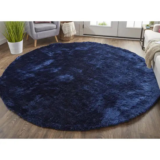 8' Blue And Black Round Shag Tufted Handmade Area Rug Photo 3