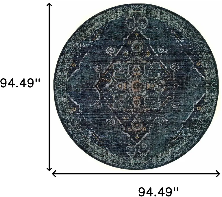 8' Blue And Brown Round Oriental Power Loom Stain Resistant Area Rug Photo 5