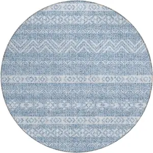 Photo of 8' Blue And Denim Blue Round Southwestern Washable Indoor Outdoor Area Rug