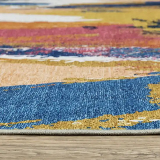 8' Blue And Gold Abstract Distressed Runner Rug Photo 6