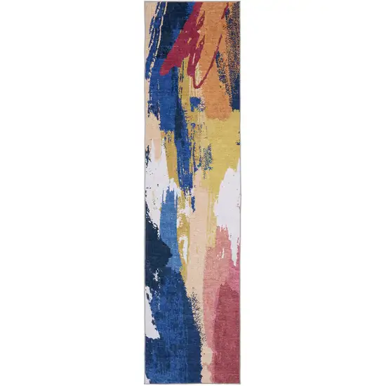 8' Blue And Gold Abstract Distressed Runner Rug Photo 2