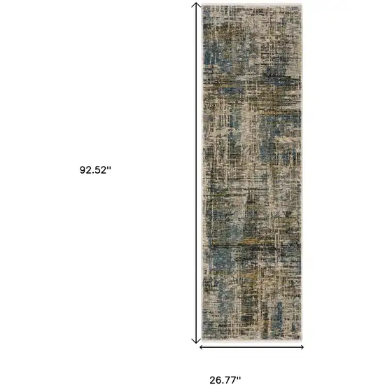 8' Blue And Gold Abstract Runner Rug With Fringe Photo 3