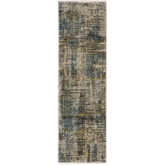 8' Blue And Gold Abstract Runner Rug With Fringe Photo 2