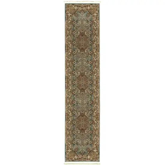 10' Blue And Gold Medallion Runner Rug With Fringe Photo 2