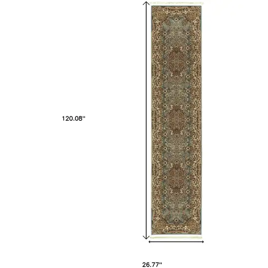 10' Blue And Gold Medallion Runner Rug With Fringe Photo 3