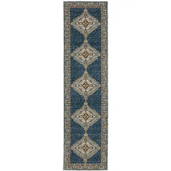 8' Blue And Gold Medallion Runner Rug Photo 2