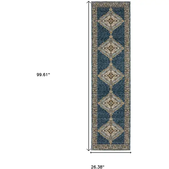 8' Blue And Gold Medallion Runner Rug Photo 3