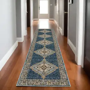 Photo of 8' Blue And Gold Medallion Runner Rug