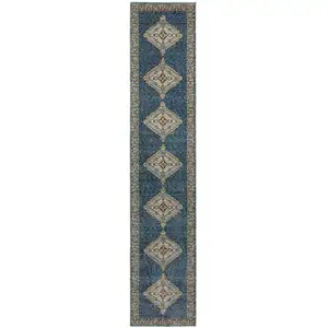 Photo of 12' Blue And Gold Medallion Runner Rug