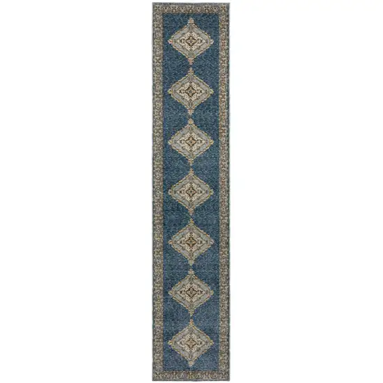 12' Blue And Gold Medallion Runner Rug Photo 5