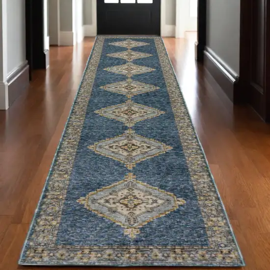 12' Blue And Gold Medallion Runner Rug Photo 1