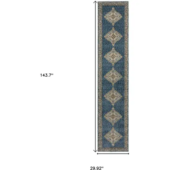 12' Blue And Gold Medallion Runner Rug Photo 3