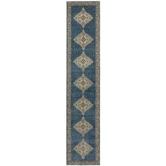 12' Blue And Gold Medallion Runner Rug Photo 2