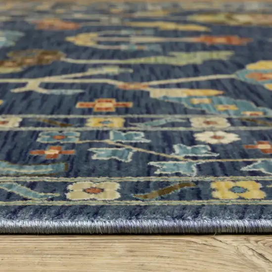 8' Blue And Gold Oriental Runner Rug With Fringe Photo 6