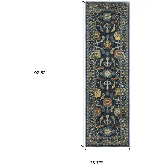 8' Blue And Gold Oriental Runner Rug With Fringe Photo 3