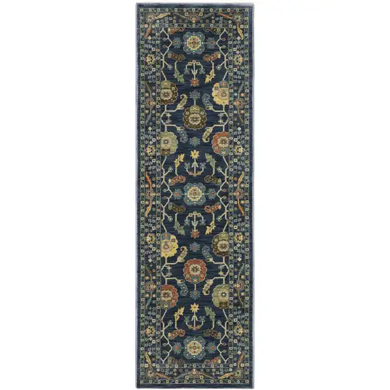 8' Blue And Gold Oriental Runner Rug With Fringe Photo 2