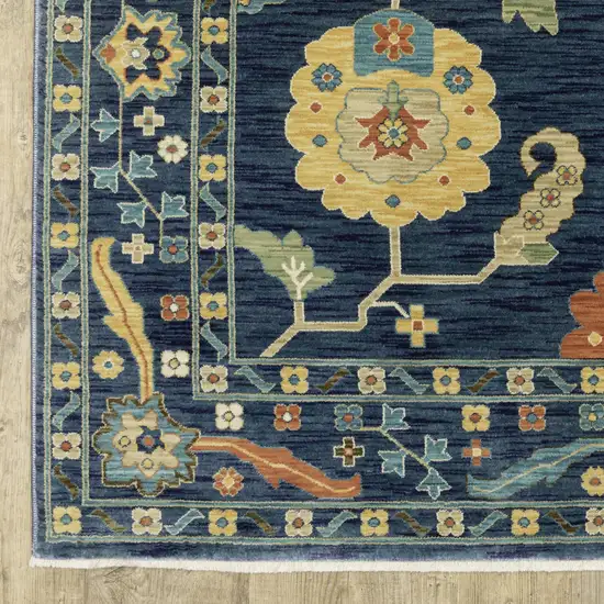 8' Blue And Gold Oriental Runner Rug With Fringe Photo 8