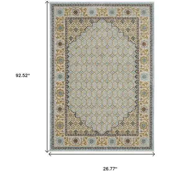 8' Blue And Gold Oriental Runner Rug With Fringe Photo 3