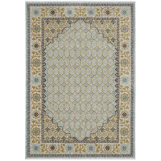 8' Blue And Gold Oriental Runner Rug With Fringe Photo 2