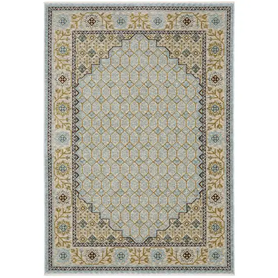 8' Blue And Gold Oriental Runner Rug With Fringe Photo 4