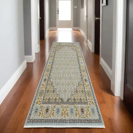 8' Blue And Gold Oriental Runner Rug With Fringe Photo 1