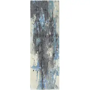 Photo of 8' Blue And Gray Abstract Hand Tufted Runner Rug