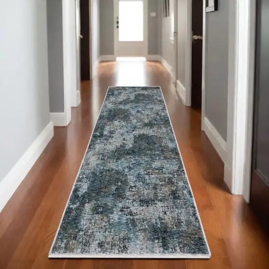 8' Blue And Gray Abstract Runner Rug With Fringe Photo 1