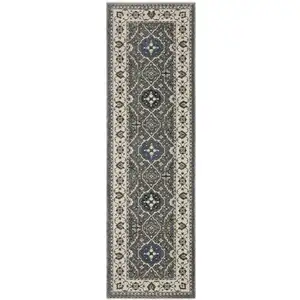 Photo of 8' Blue And Gray Oriental Runner Rug With Fringe