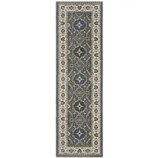 8' Blue And Gray Oriental Runner Rug With Fringe Photo 2