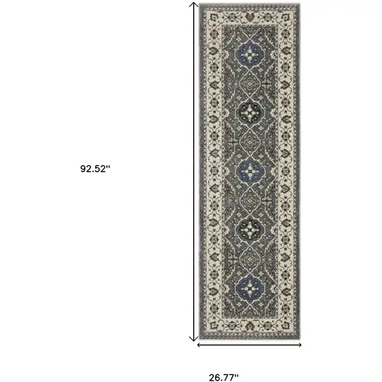 8' Blue And Gray Oriental Runner Rug With Fringe Photo 3