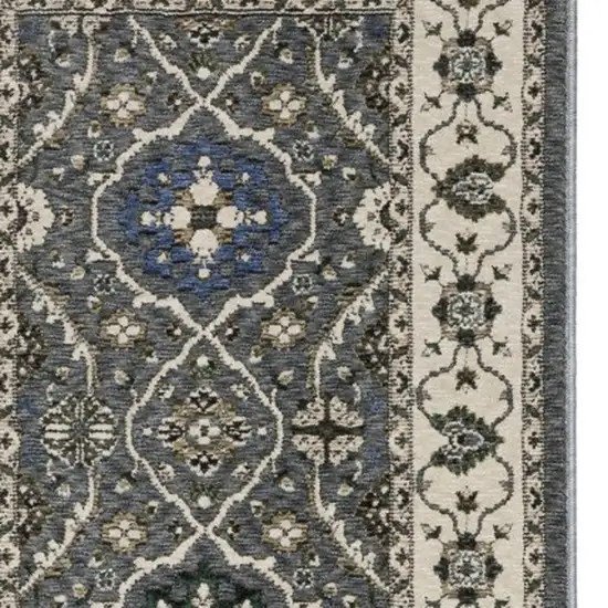 8' Blue And Gray Oriental Runner Rug With Fringe Photo 8