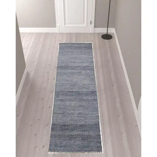 10' Blue And Gray Wool Striped Hand Knotted Runner Rug Photo 2