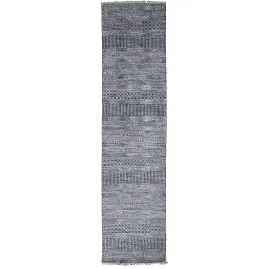 10' Blue And Gray Wool Striped Hand Knotted Runner Rug Photo 1