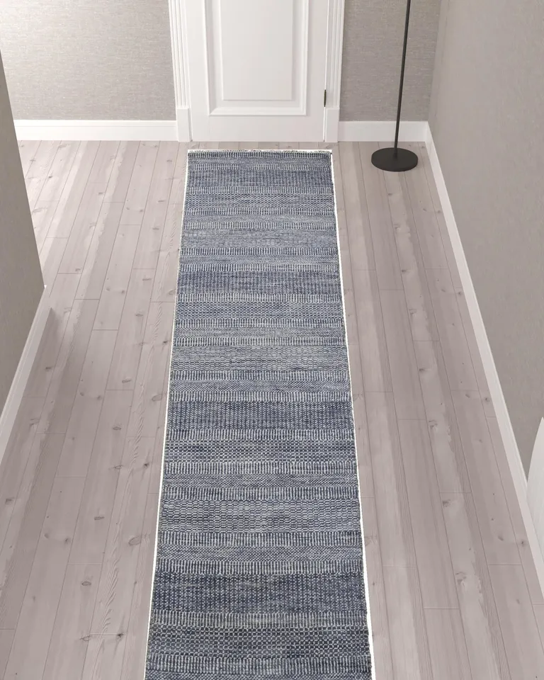 12' Blue And Gray Wool Striped Hand Knotted Runner Rug Photo 2