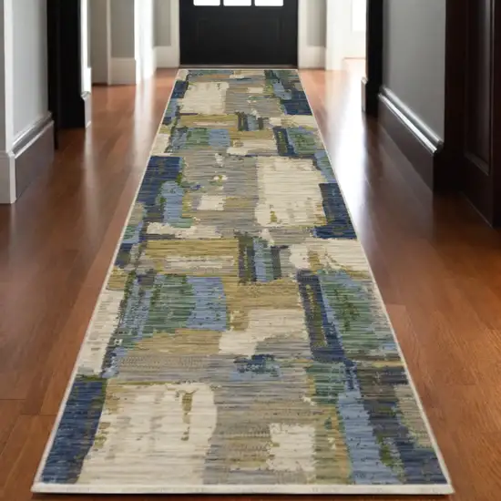 12' Blue And Green Abstract Runner Rug With Fringe Photo 1