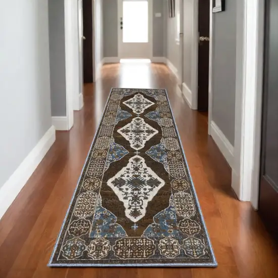 8' Blue And Green Medallion Runner Rug Photo 1