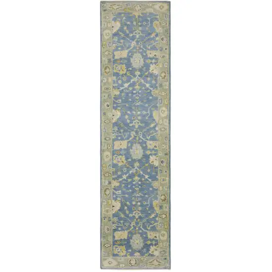 10' Blue And Green Wool Oriental Hand Knotted Runner Rug With Fringe Photo 5