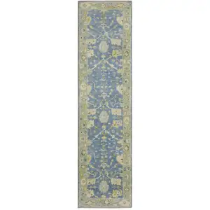 Photo of 10' Blue And Green Wool Oriental Hand Knotted Runner Rug With Fringe