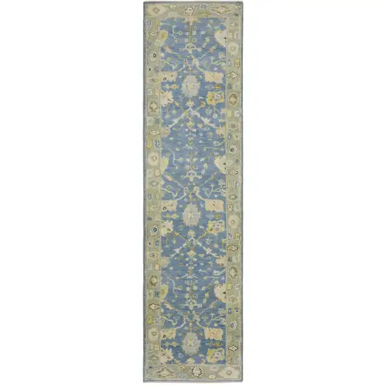 10' Blue And Green Wool Oriental Hand Knotted Runner Rug With Fringe Photo 2