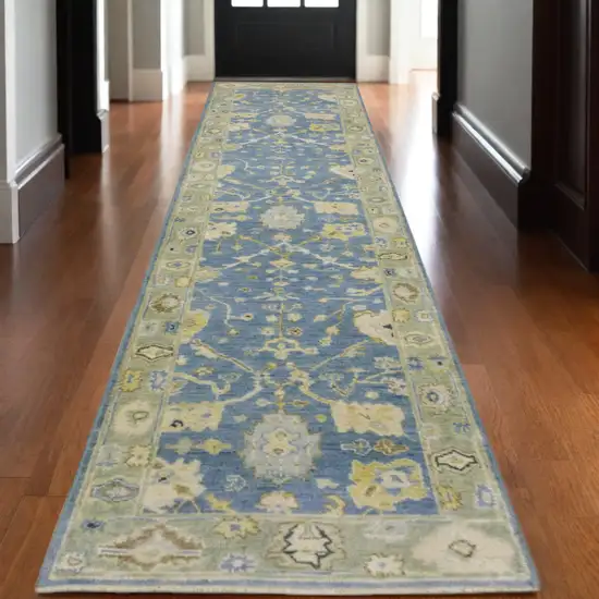 10' Blue And Green Wool Oriental Hand Knotted Runner Rug With Fringe Photo 1