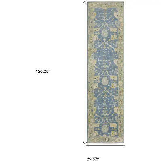 10' Blue And Green Wool Oriental Hand Knotted Runner Rug With Fringe Photo 3