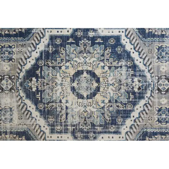 8' Blue And Ivory Abstract Power Loom Distressed Stain Resistant Runner Rug Photo 6