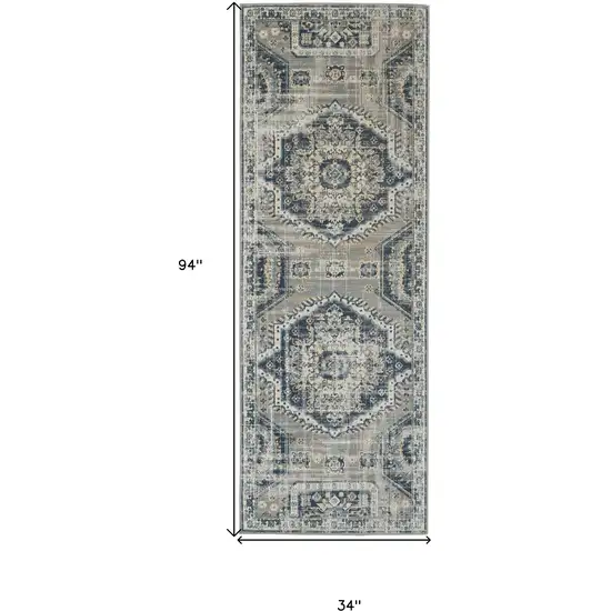 8' Blue And Ivory Abstract Power Loom Distressed Stain Resistant Runner Rug Photo 7