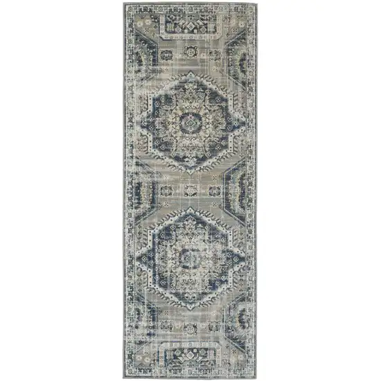 8' Blue And Ivory Abstract Power Loom Distressed Stain Resistant Runner Rug Photo 4