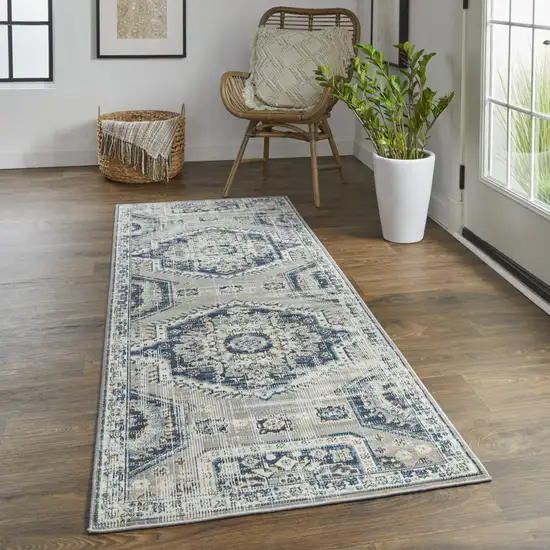 8' Blue And Ivory Abstract Power Loom Distressed Stain Resistant Runner Rug Photo 1