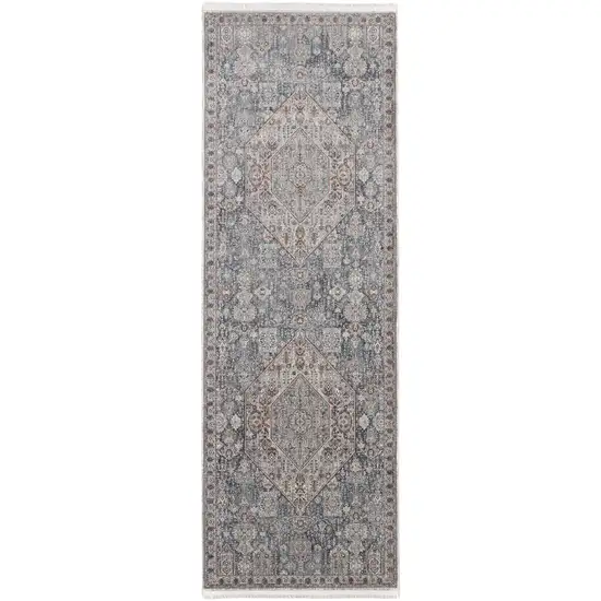 12' Blue And Ivory Floral Power Loom Runner Rug Photo 1