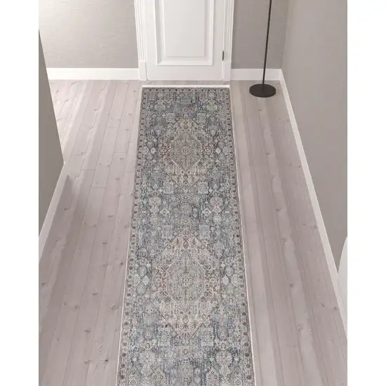 12' Blue And Ivory Floral Power Loom Runner Rug Photo 2