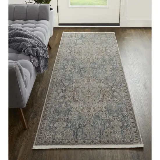 12' Blue And Ivory Floral Power Loom Runner Rug Photo 5