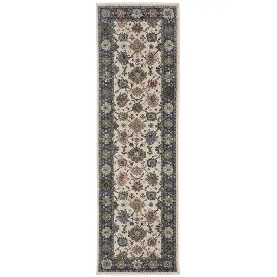 8' Blue And Ivory Floral Runner Rug With Fringe Photo 4